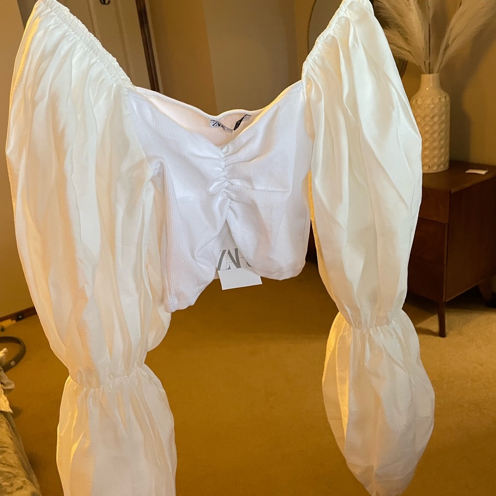 Zara White Ruched Puff Sleeve Top